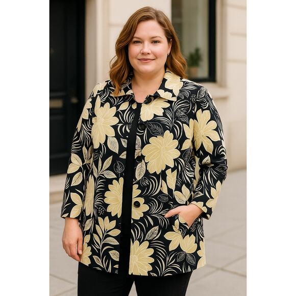 Rafaella Woman Plus Jacket 20W Women Black Beige Floral Cotton Blend - Picture 1 of 8